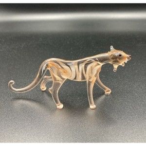 Vintage MCM Blown Glass Tiger Figurine Peach Beige Mid Century Murano Style Mini